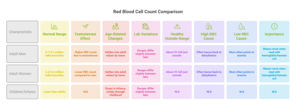 Infographic comparing red blood cell count ranges for men, women, and children with various factors affecting levels.