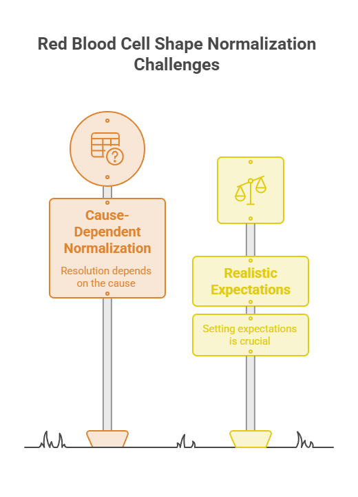 Infographic showing challenges in red blood cell shape normalization with two signs: Cause-Dependent and Realistic Expectations.