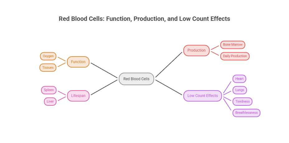 Mind map illustrating red blood cells' function, production, and low count effects with labeled branches.