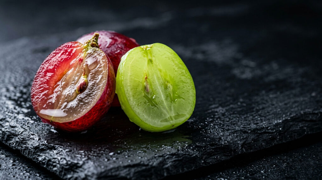 A sliced red and green grape on a dark slate surface with droplets of water.