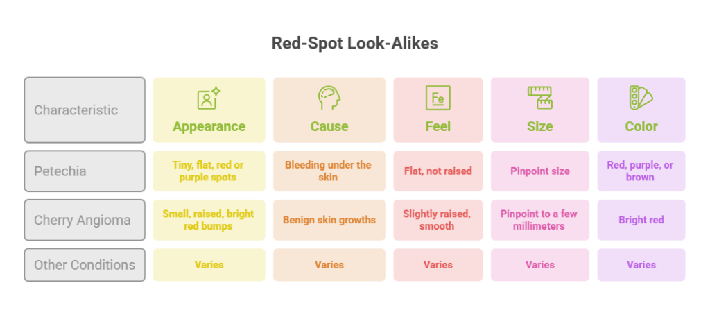 Infographic comparing characteristics of red-spot look-alikes including appearance, cause, feel, size, and color.