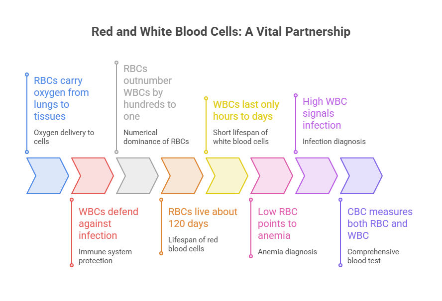 Infographic showing the roles of red and white blood cells with text on oxygen delivery, infection defense, and lifespan.