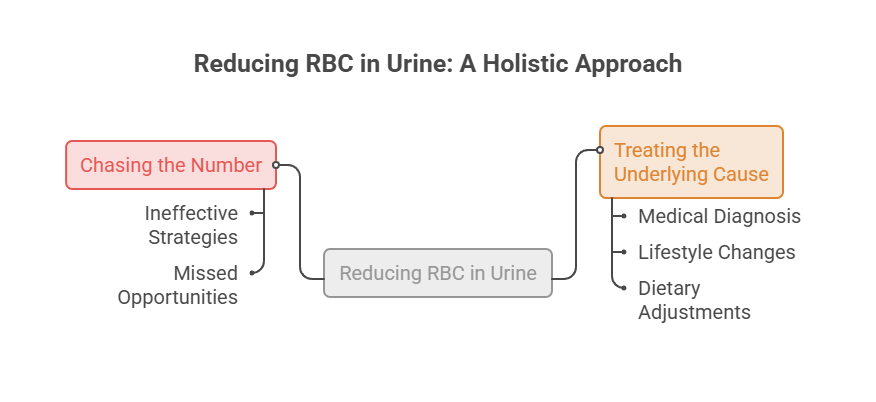Infographic illustrating holistic approaches to reducing RBC in urine, showing two main strategies and their components.
