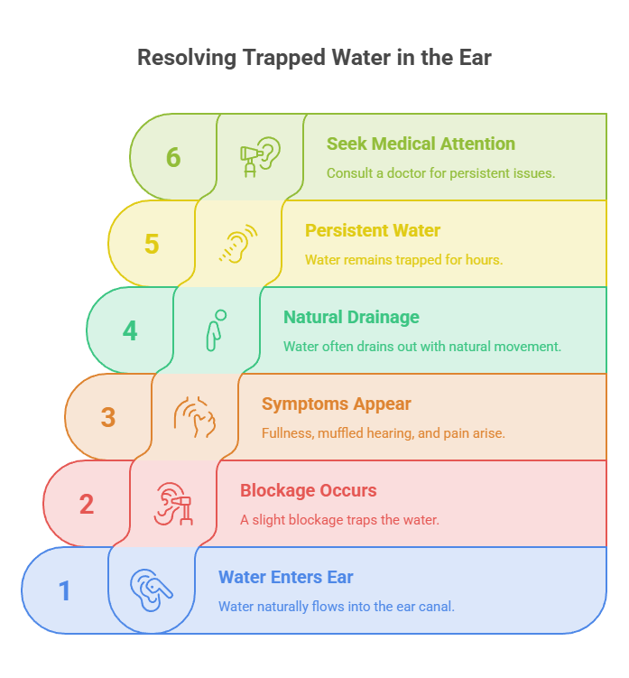 Infographic showing steps to resolve trapped water in the ear, with icons and descriptions for each step.