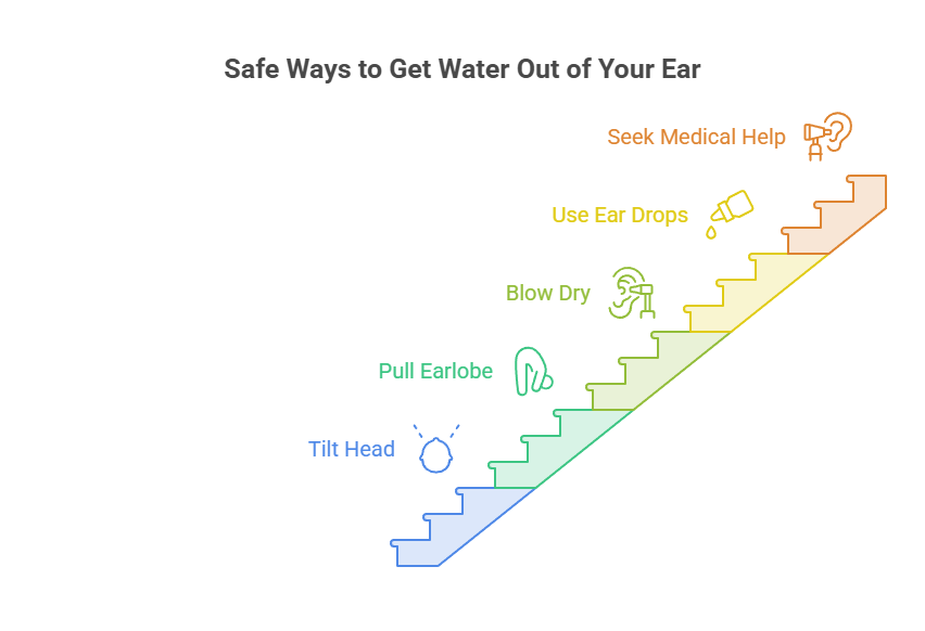 Infographic showing safe ways to get water out of your ear with steps and icons for each method.