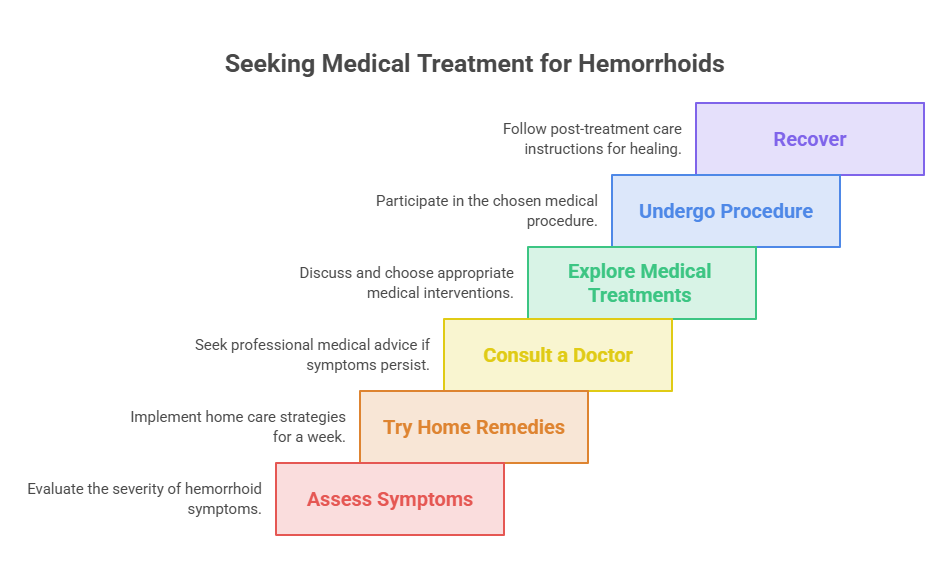 Infographic outlining steps for seeking medical treatment for hemorrhoids, including assessing symptoms and recovery.