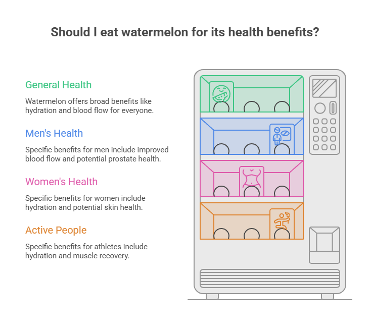 Infographic showing health benefits of watermelon for general, men's, women's health, and active people in a vending machine layout.