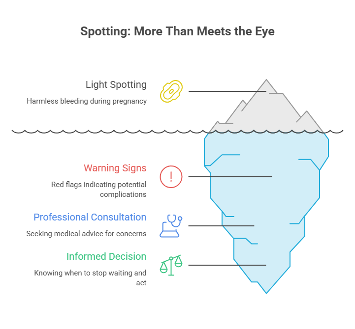 Infographic illustrating spotting during pregnancy with categories like Light Spotting, Warning Signs, Professional Consultation, and Informed Decision.