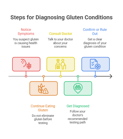 Steps for diagnosing gluten conditions with icons and text for each step in a flowchart format. Infographic.