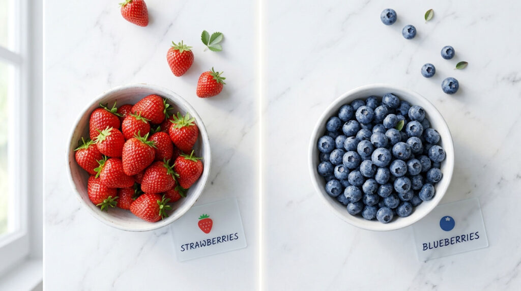 A bowl of fresh strawberries and a bowl of blueberries on a marble surface with labels underneath each bowl.