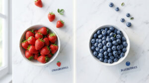 A bowl of fresh strawberries and a bowl of blueberries on a marble surface with labels underneath each bowl.