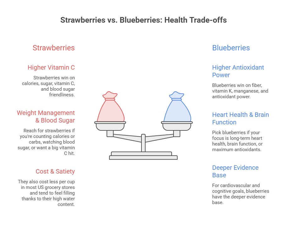 Infographic comparing strawberries and blueberries on health trade-offs, highlighting vitamin C, antioxidants, and costs.