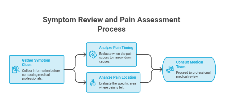 Flowchart illustrating the symptom review and pain assessment process with key steps and icons.