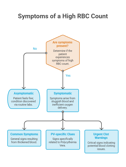 Flowchart detailing symptoms of high RBC count, including asymptomatic and symptomatic conditions. Infographic.