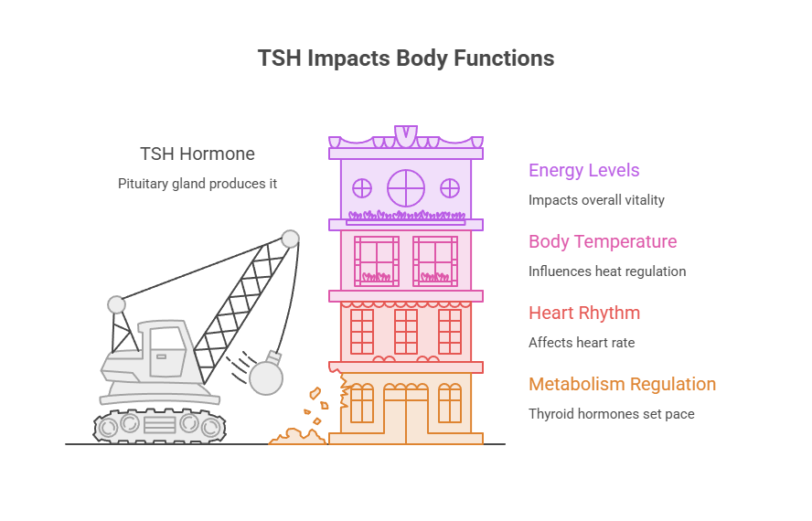 Infographic illustrating TSH hormone's impact on body functions with a crane and building, highlighting energy levels and metabolism.
