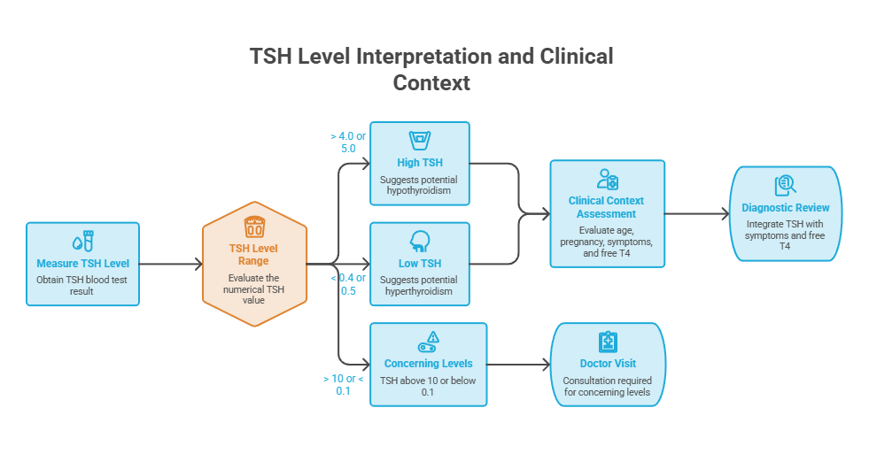 Infographic illustrating TSH level interpretation with flowchart showing high, low, and concerning levels.