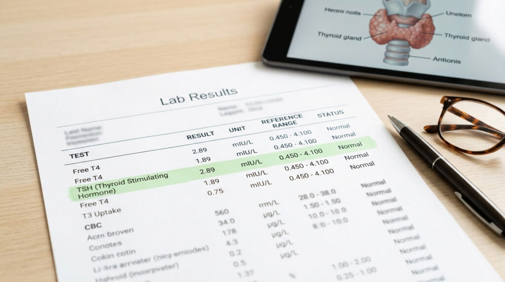 Lab results showing thyroid function tests with highlighted TSH value and a tablet displaying thyroid anatomy.