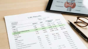 Lab results showing thyroid function tests with highlighted TSH value and a tablet displaying thyroid anatomy.