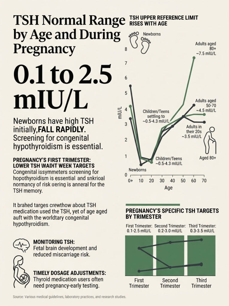 Infographic showing TSH normal range by age and during pregnancy, with charts and key data points on TSH levels.