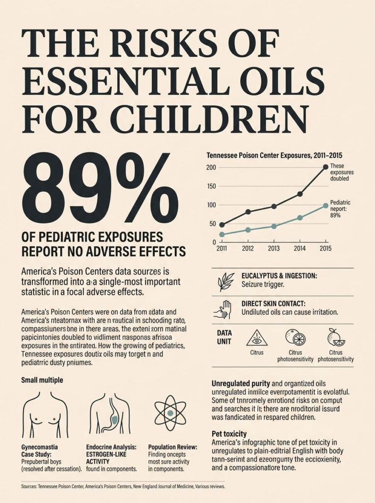 Infographic showing risks of essential oils for children, including statistics and safety tips.