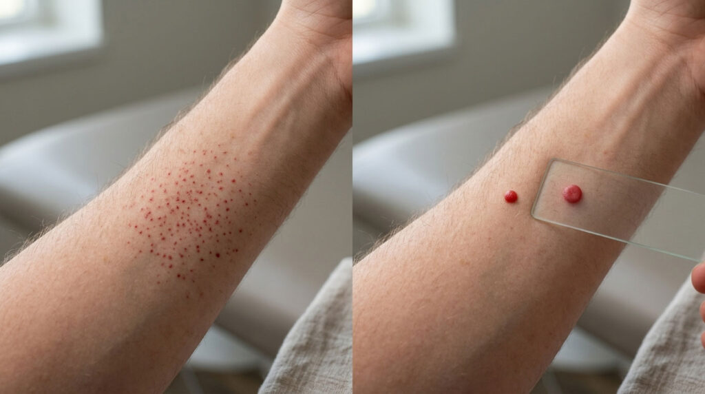 A close-up of a forearm showing red spots and a droplet on skin with a glass slide nearby.