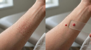 A close-up of a forearm showing red spots and a droplet on skin with a glass slide nearby.