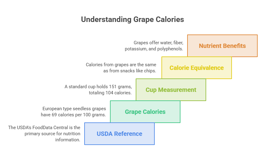 Infographic explaining grape calories, nutrient benefits, and USDA reference with colorful sections and text.