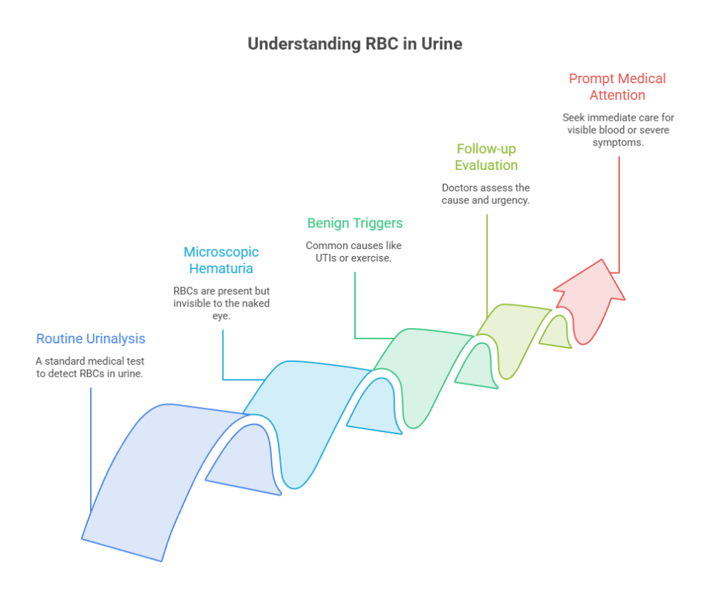 Infographic explaining RBC in urine with sections on routine urinalysis, microscopic hematuria, benign triggers, follow-up evaluation, and prompt medical attention.