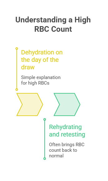 Infographic explaining high RBC count causes with yellow and green text on dehydration and rehydrating.