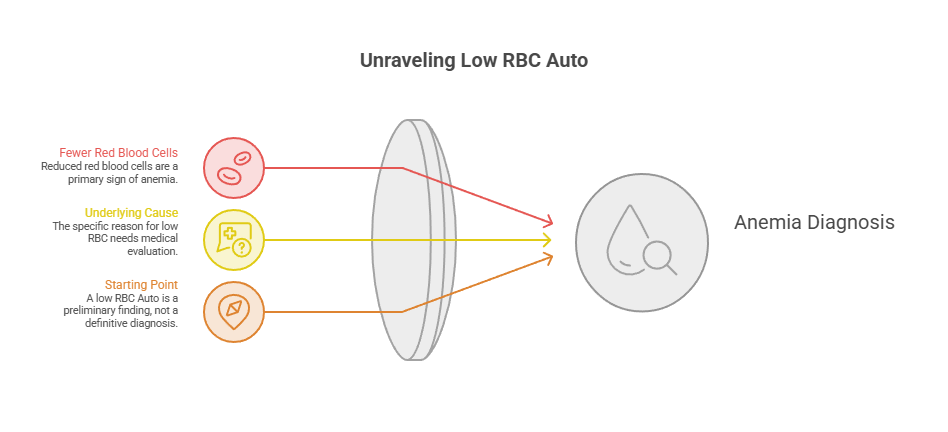 Infographic explaining low RBC auto with causes and implications for anemia diagnosis, featuring icons and text.