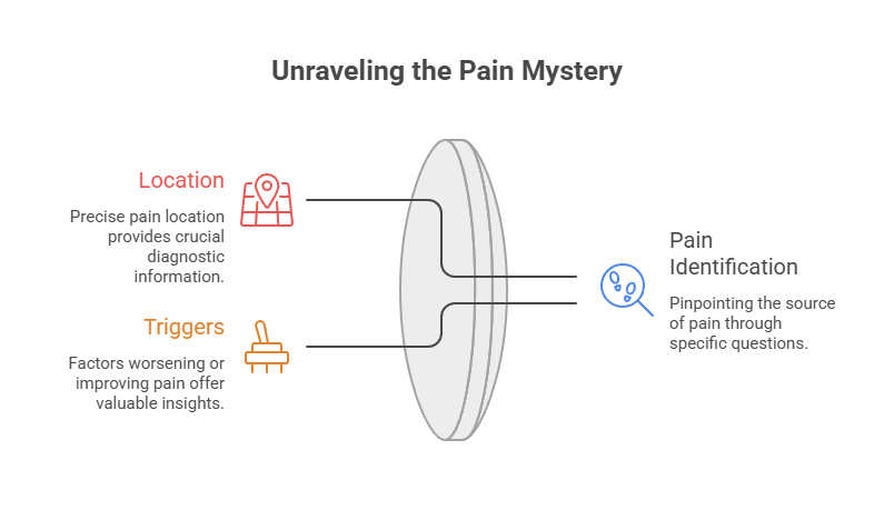 Infographic explaining pain identification, highlighting location and triggers with icons and text descriptions.