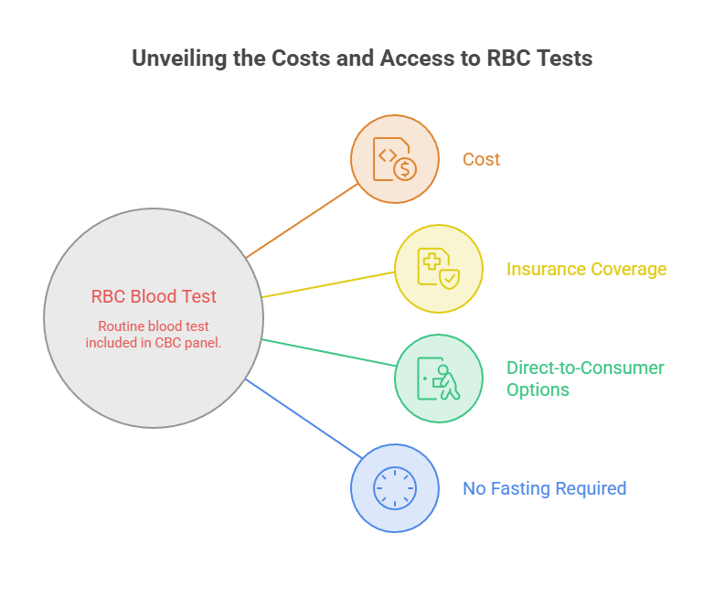 Infographic showing RBC blood test costs and access, including cost, insurance coverage, direct-to-consumer options, and no fasting required.