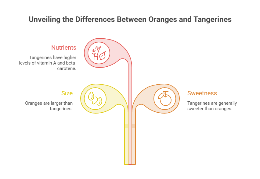 Infographic comparing oranges and tangerines on nutrients, size, and sweetness with icons and text descriptions.