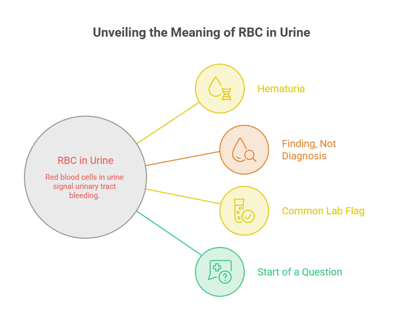 Infographic explaining RBC in urine, highlighting hematuria, lab flags, and diagnostic implications.