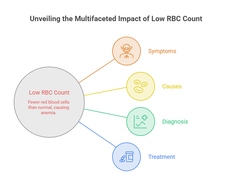 Infographic showing the impact of low RBC count with sections on symptoms, causes, diagnosis, and treatment.