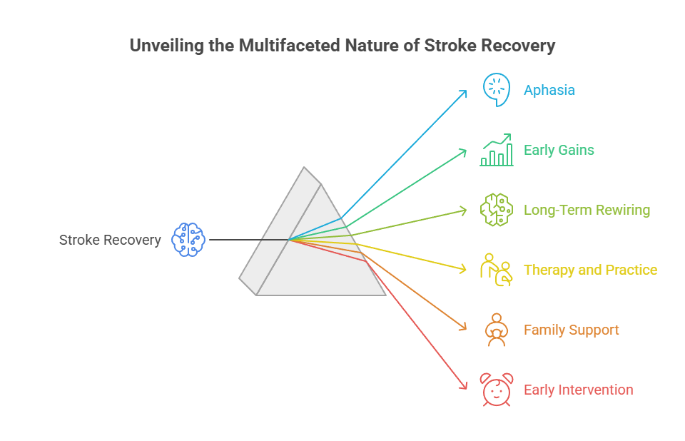 Infographic illustrating stroke recovery factors: aphasia, early gains, long-term rewiring, therapy, family support, early intervention.