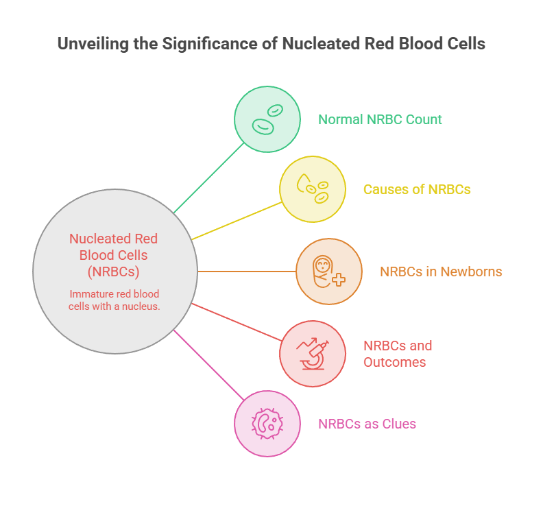 Infographic explaining nucleated red blood cells with sections on normal count, causes, newborns, outcomes, and clues.