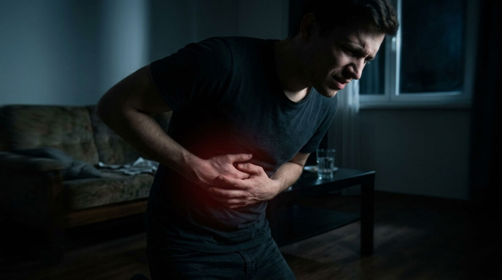 A man in a dark room clutches his stomach in pain, showing distress while sitting near a glass of water.