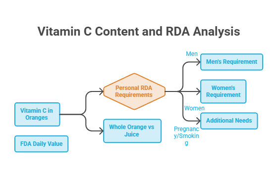 Infographic showing Vitamin C content, RDA analysis, and personal requirements for men and women.