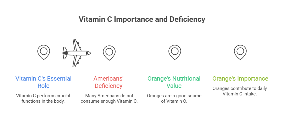 Infographic showing Vitamin C importance, deficiency in Americans, and nutritional value of oranges.