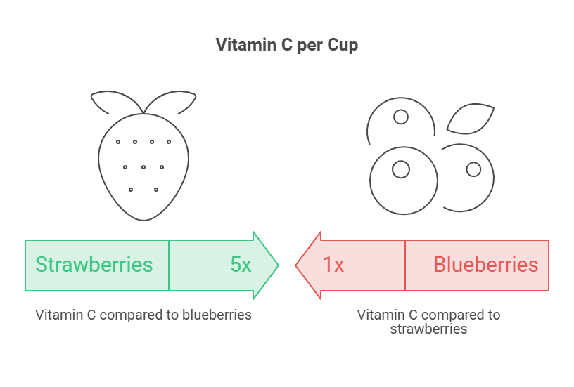 Infographic comparing Vitamin C content per cup in strawberries and blueberries with icons and text labels.