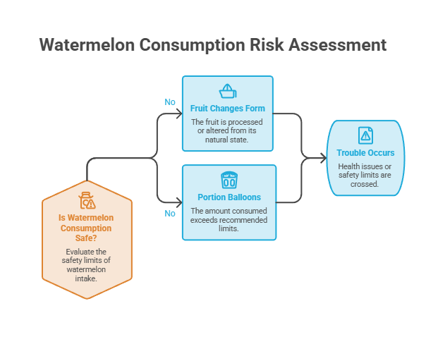 Watermelon consumption risk assessment flowchart with decision points and icons for safety evaluation.