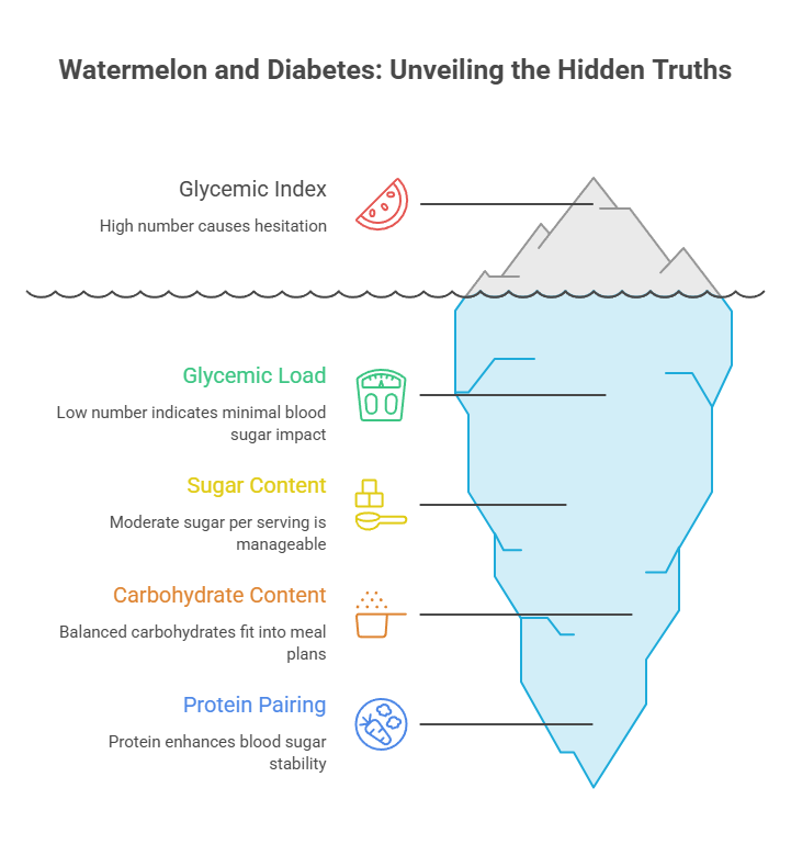Infographic showing watermelon and diabetes with sections on glycemic index, load, sugar content, carbohydrate content, and protein pairing.
