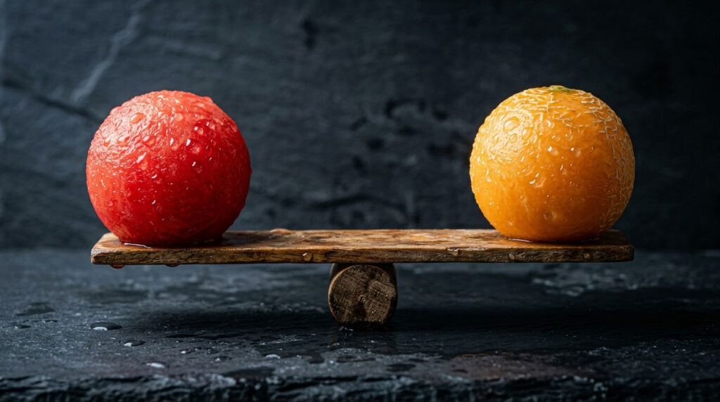 A red sphere and an orange sphere balance on a wooden plank over a dark stone surface with water droplets.