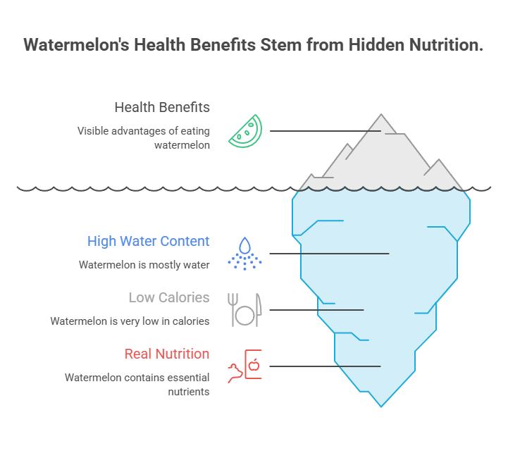 Infographic showing watermelon health benefits, including high water content, low calories, and real nutrition.