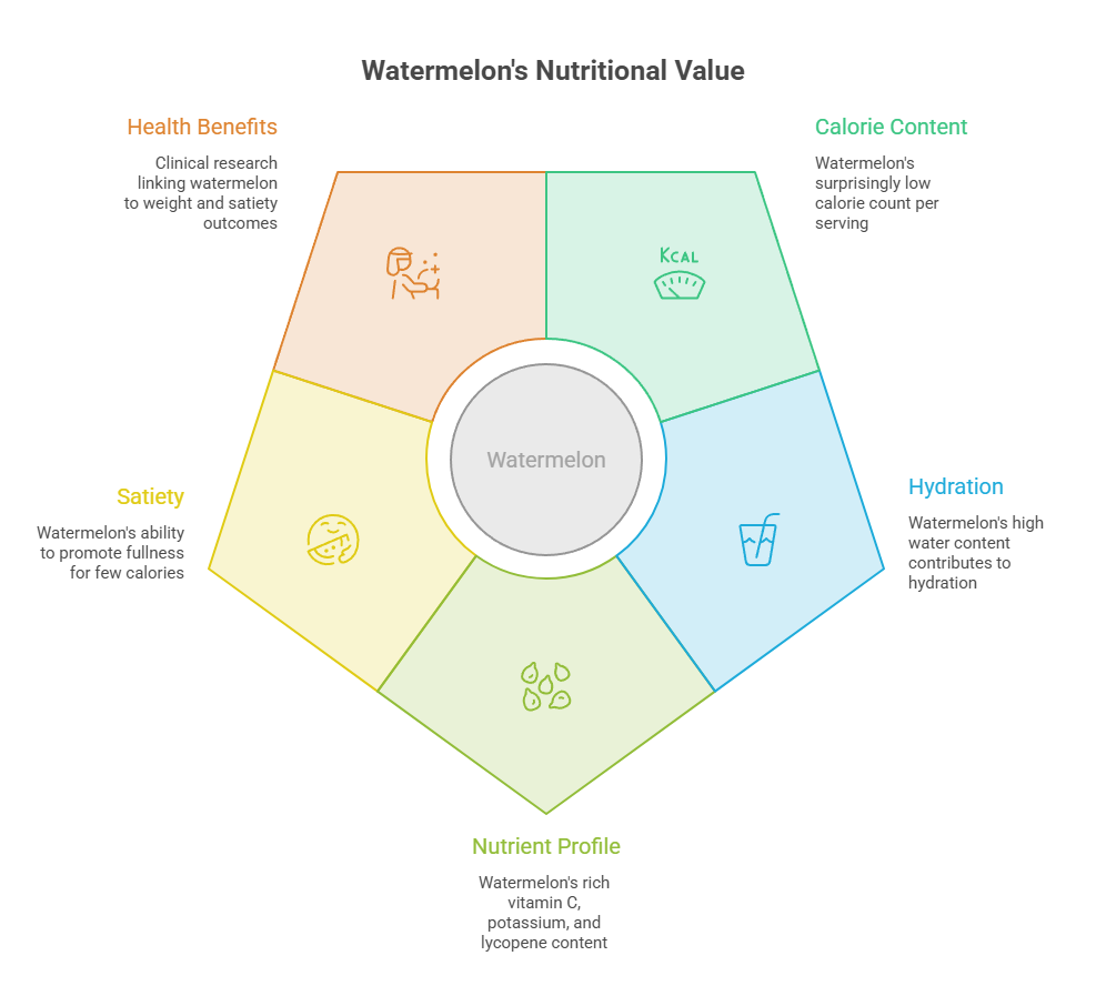 Infographic showing watermelon’s nutritional value with sections on health benefits, calorie content, hydration, satiety, and nutrient profile.