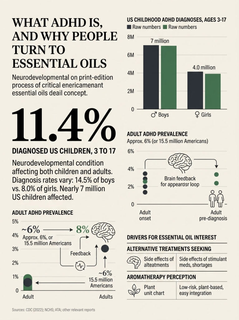 Infographic showing ADHD statistics, including diagnoses in children and adults, and reasons for essential oil interest.