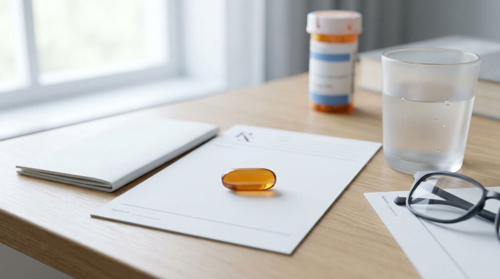 A brown capsule rests on a blank prescription pad beside a glass of water and a prescription bottle on a wooden table.