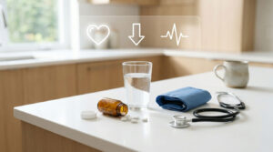 A glass of water, medication, and a stethoscope on a kitchen counter.