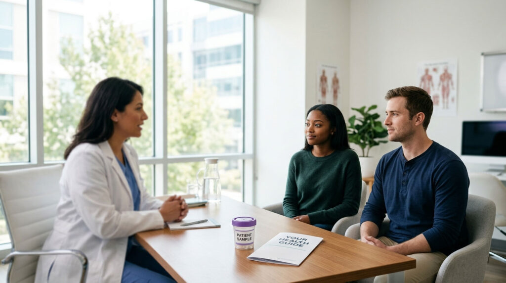 A healthcare professional discusses with a couple in a modern office setting, with documents and a sample container on the table.
